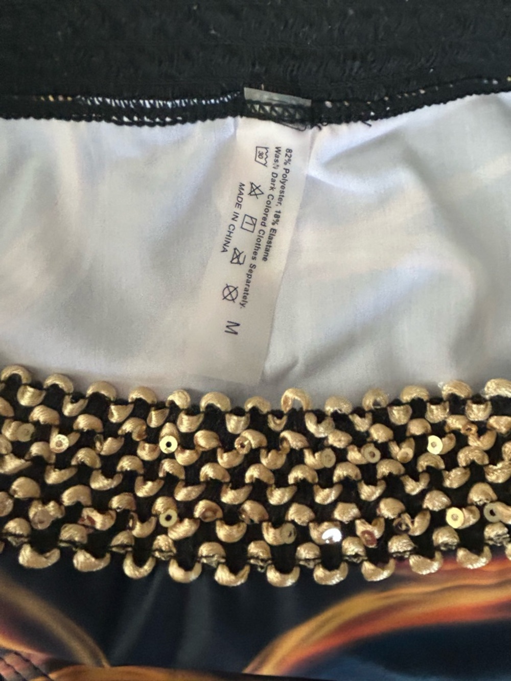 NWOT 2Pc Swimsuit Bikini Navy Orange Swirl Textured Gold Sequin Trim Size M - Picture 10 of 12